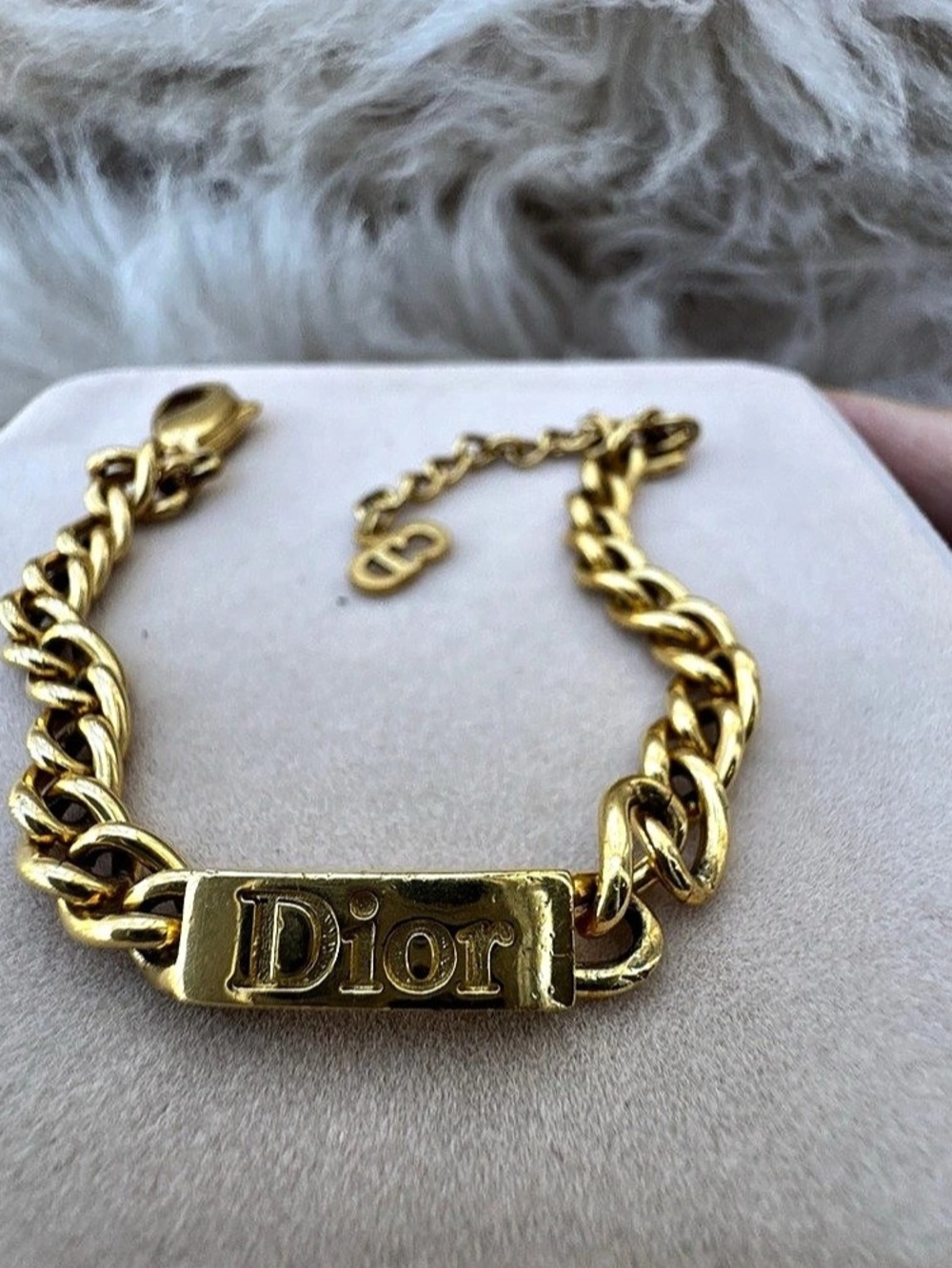 Dior Vintage Gold Tone ID Tag Curb Chain Bracelet
